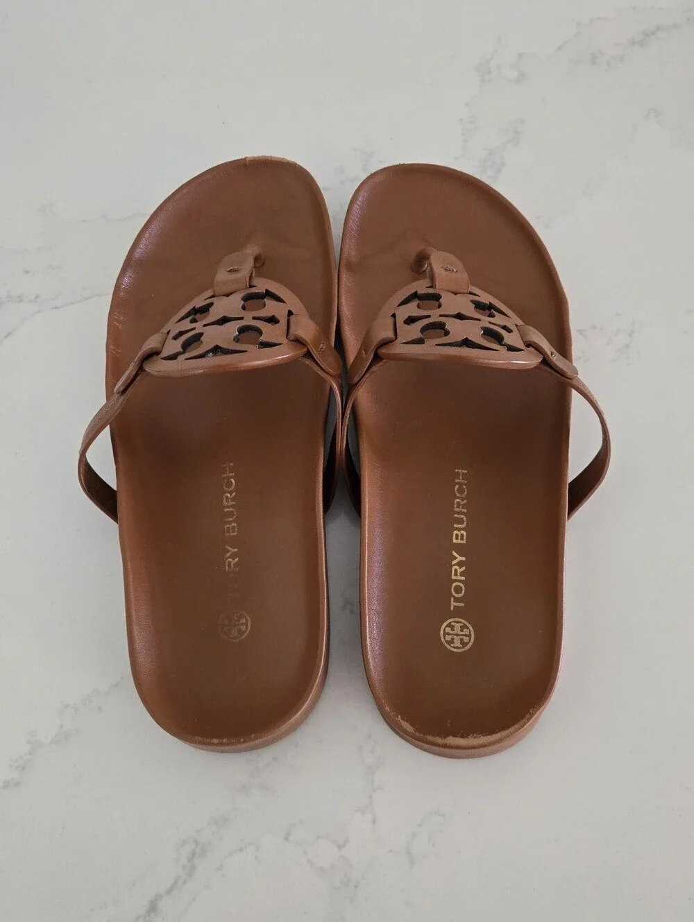 Tory Burch Miller Could Sandals Brown Leather Flat Bourbon Miele Size 10 Womens